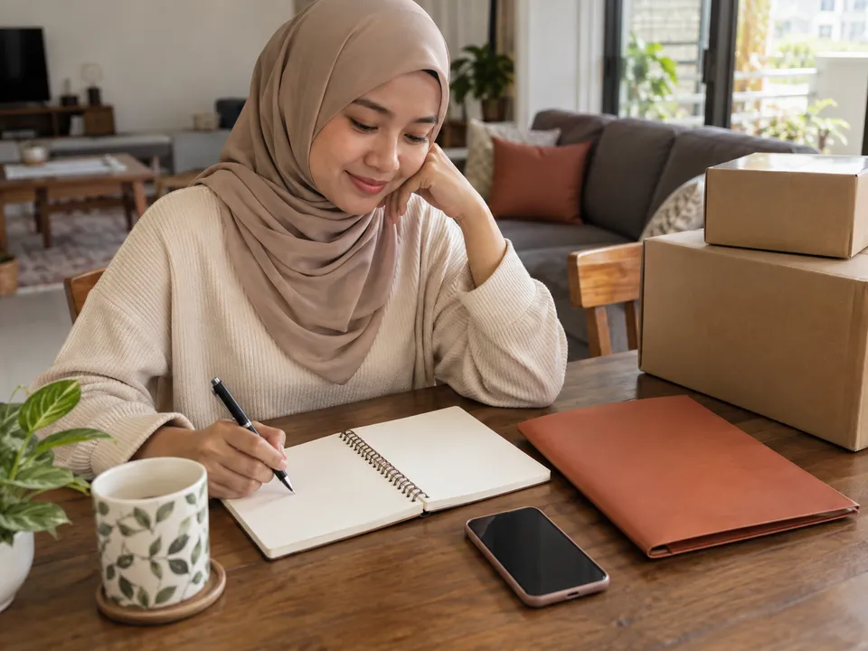 Ilustrasi wanita bertudung beige mencatat pada buku nota kosong di meja rumah bersama folder dan kotak tertutup.