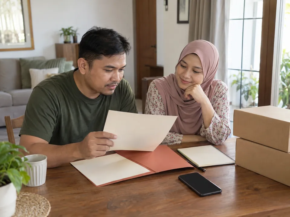 Illustration of a man in an olive shirt and woman in a pink headscarf reviewing blank paper at a home table with a folder, phone and cartons.