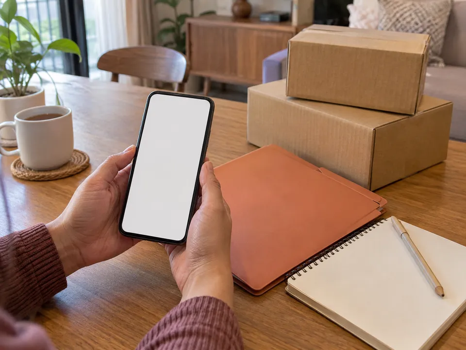 Illustration of customer hands holding a blank white-screen phone at a home table with a folder, blank notebook and closed cartons.