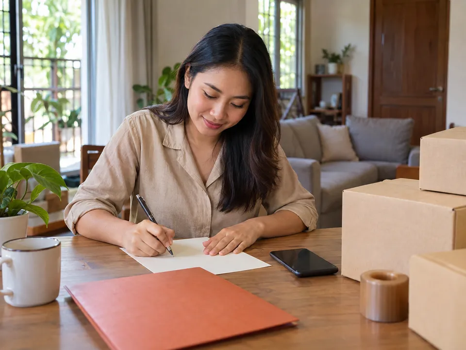 Ilustrasi wanita berblaus beige menulis pada kertas kosong di meja rumah dengan folder terracotta dan kotak tertutup.